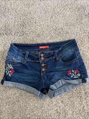 Women's Dark Wash Embroidered Denim Shorts - Red Floral Size 9